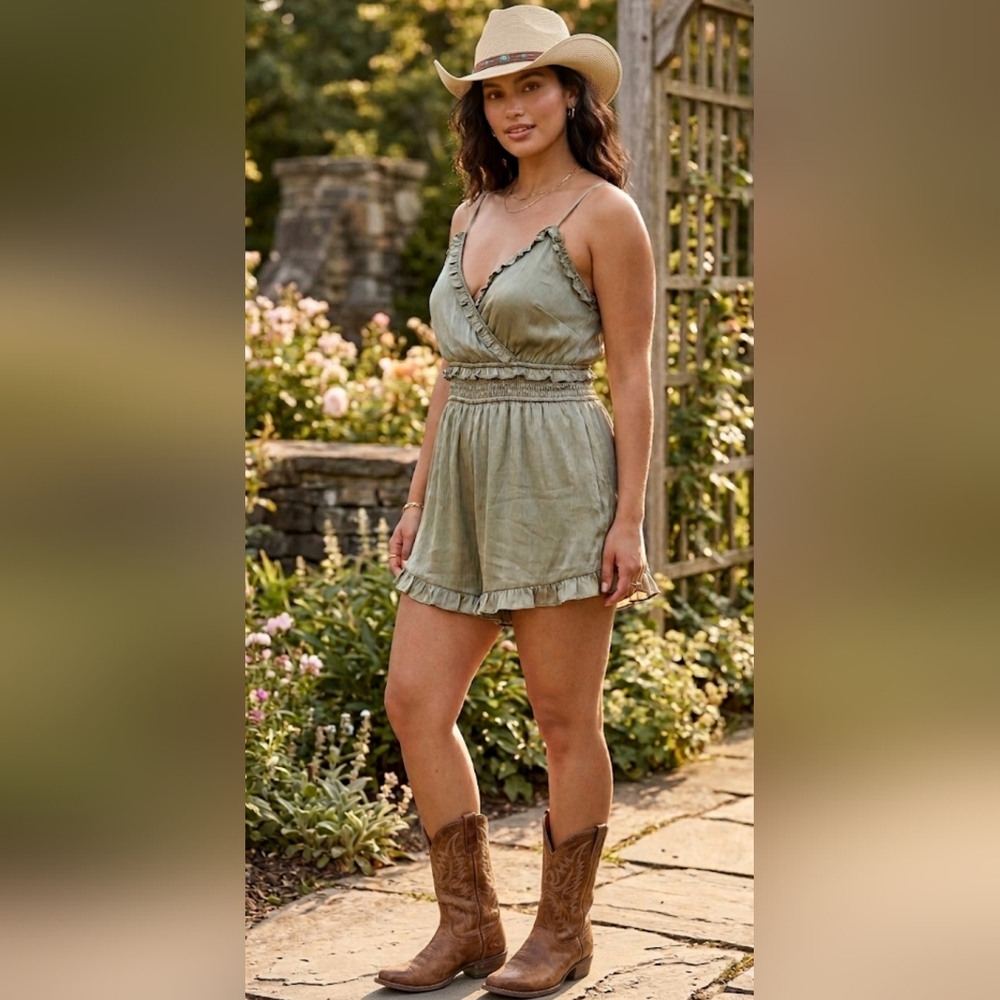 Story On Sage Green Ruffle Smocked Waist Romper - Size L
